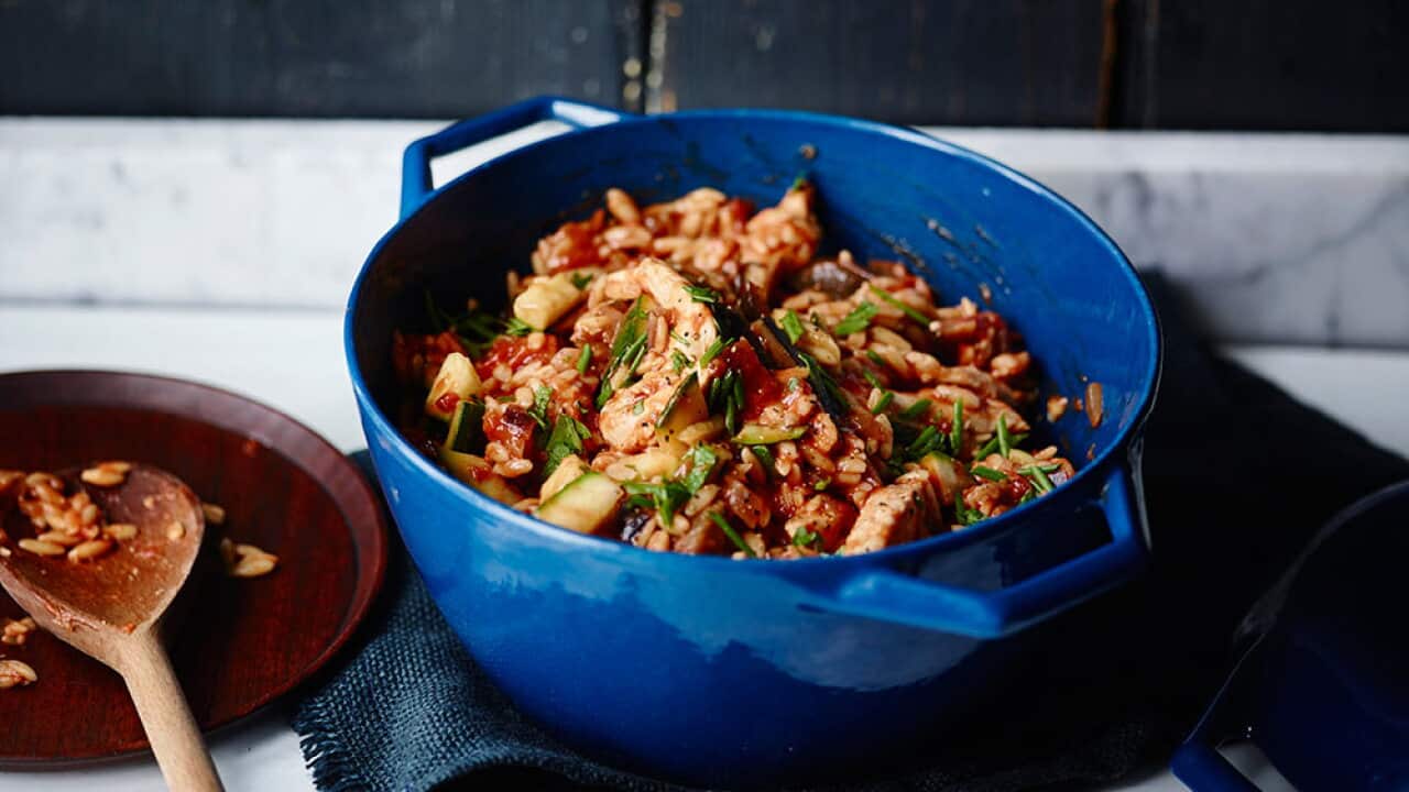 Chicken and orzo rat-a-tat bake