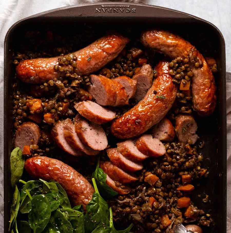 One-pan baked sausage and lentils